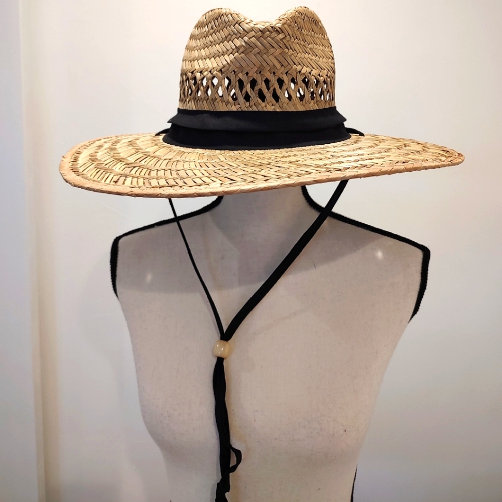 Natural Straw Wide Brim Fedora Hat with Black Band